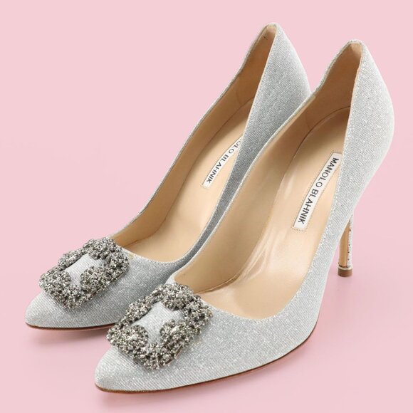 Manolo Blahnik Shoes - Manolo Blahnik Hangisi Silver Shimmery Embellished Pumps
